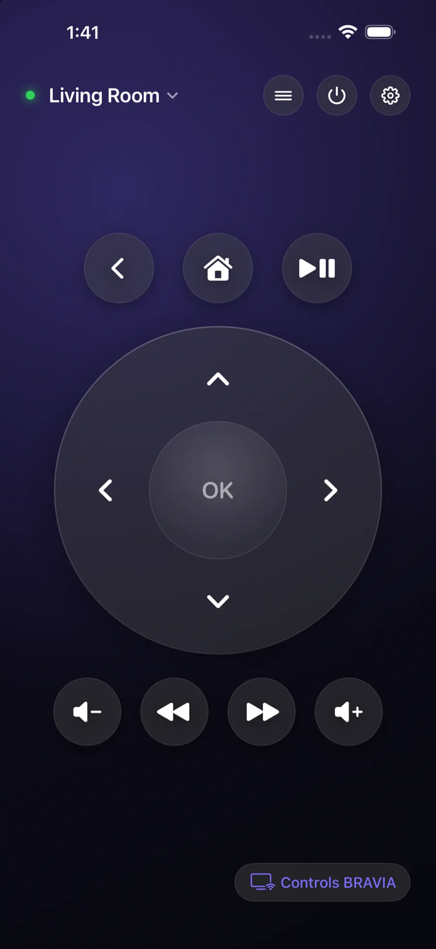 The remote screen: a click wheel with back, mute and play above it, and volume and skip below.